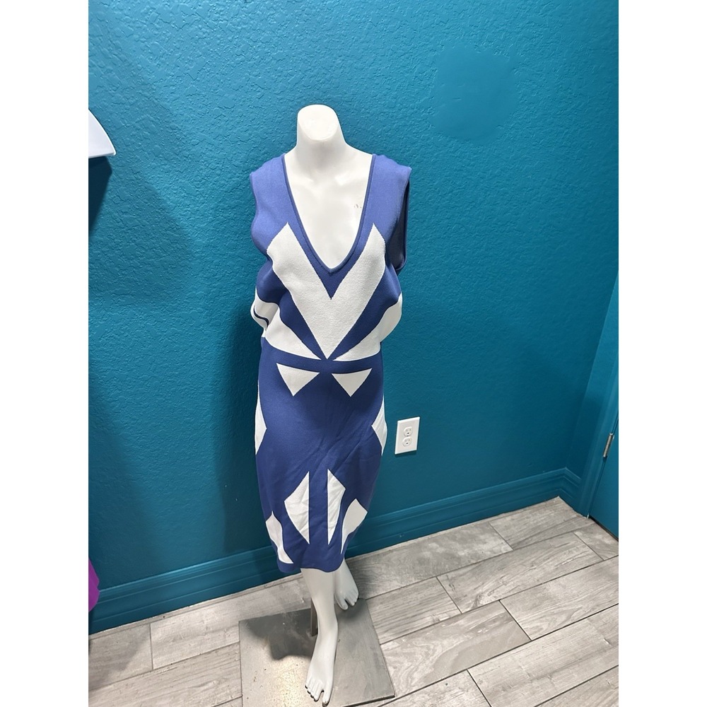 BCBG Maxazria Evinna Blue/White Geometric Bodycon Jacquard Dress S